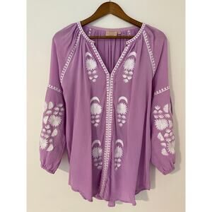 Rungolee GUC Lilac Purple White Embroidered Full Sleeve Blouse Boho V Neck M